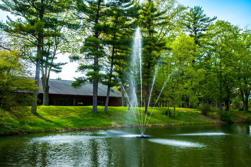 Scott Aerator Clover Fountain with pine trees and a house in the background